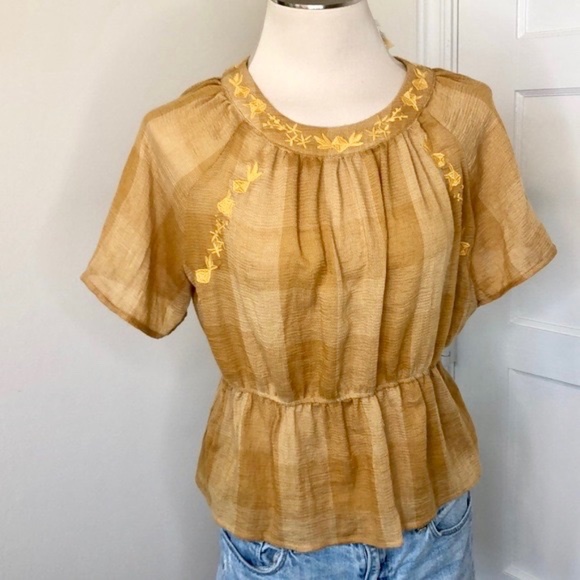 Listicle Tops - Boho Embroidered Checkered Mustard Yellow top